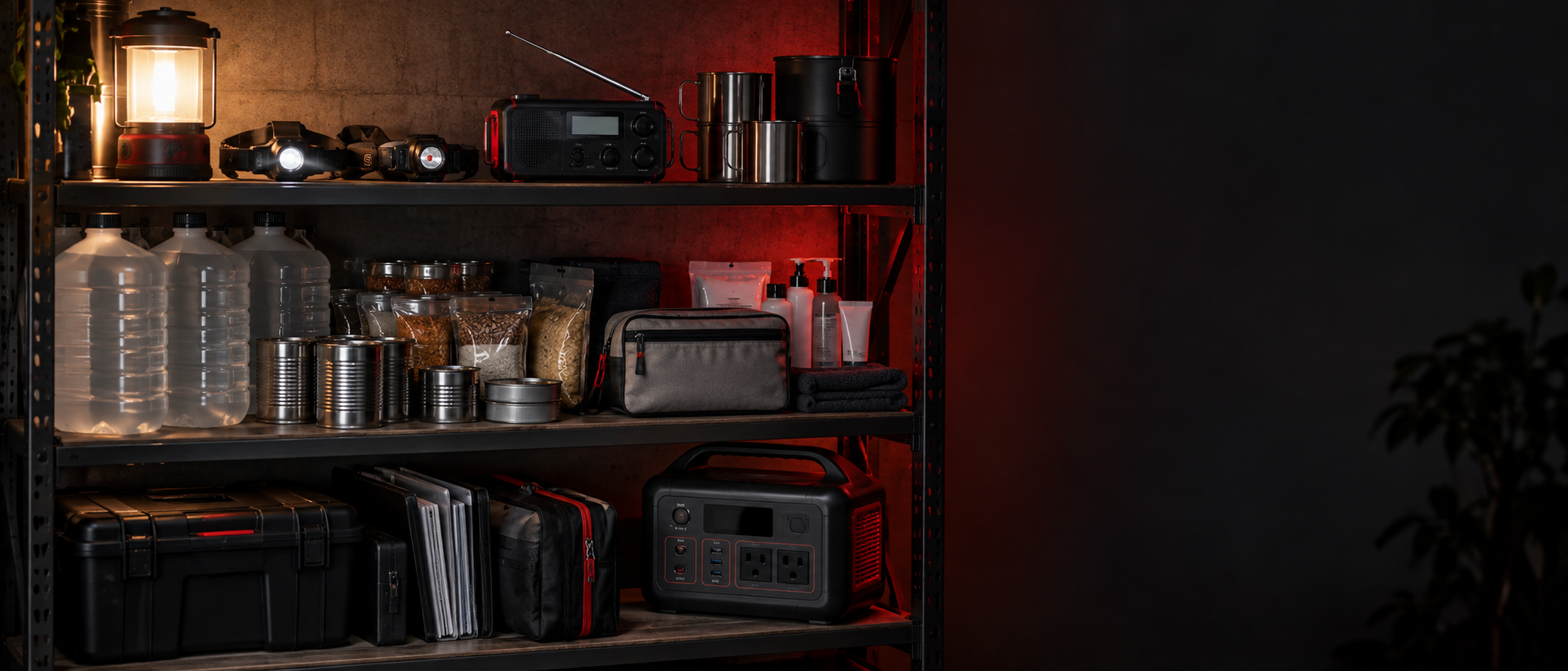 Organized home emergency supplies including lighting, water, radio and backup power