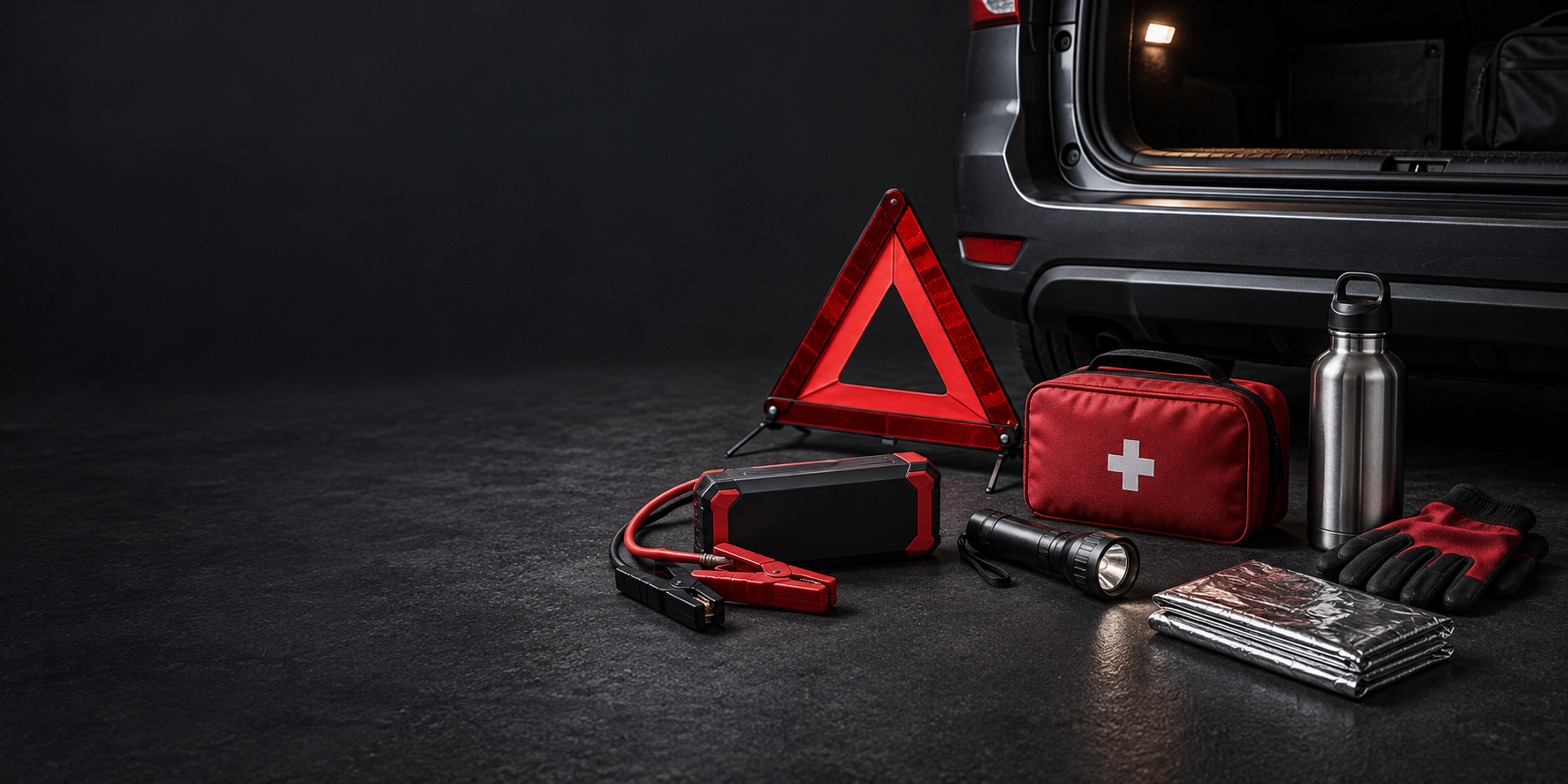 Vehicle emergency equipment including a jump starter, warning triangle and first aid kit